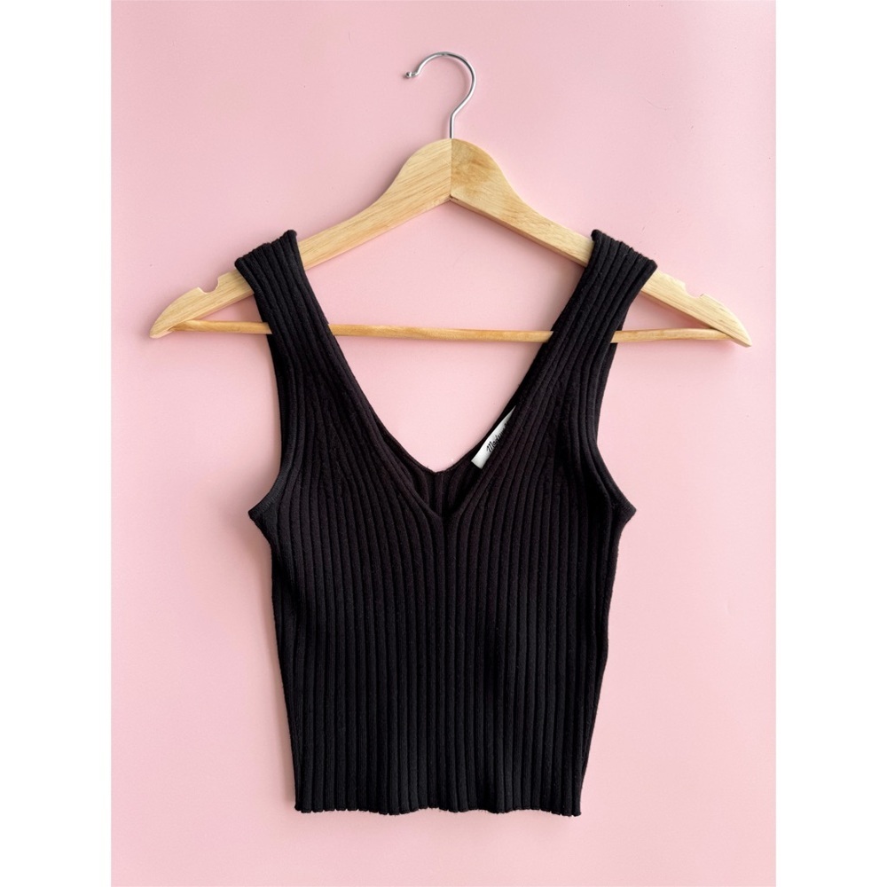 Sz XS Madewell True Black Cropped Rib Knit V-Neck Sweater Tank Top EUC